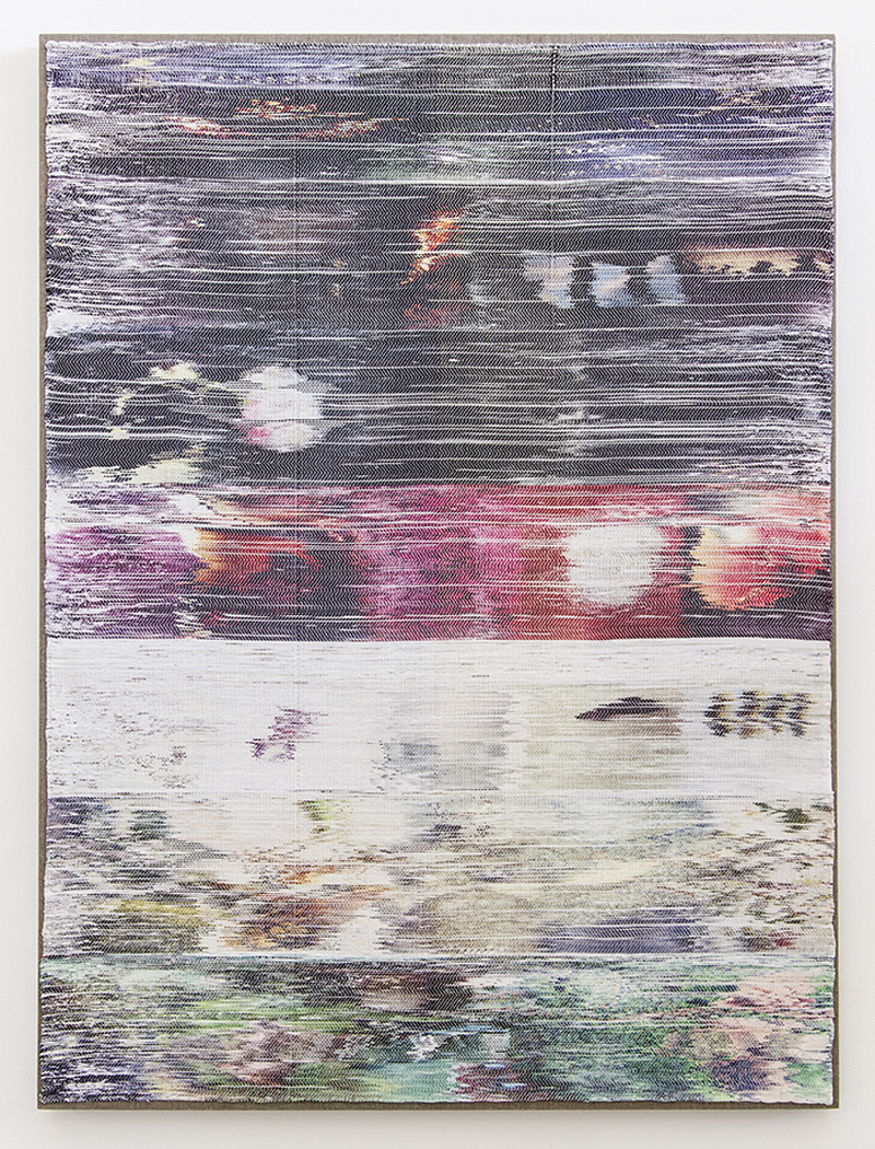 Margo Wolowiec - Black, Magenta, Green on White, 2013, Handwoven polyester, cotton, dye sublimation ink.