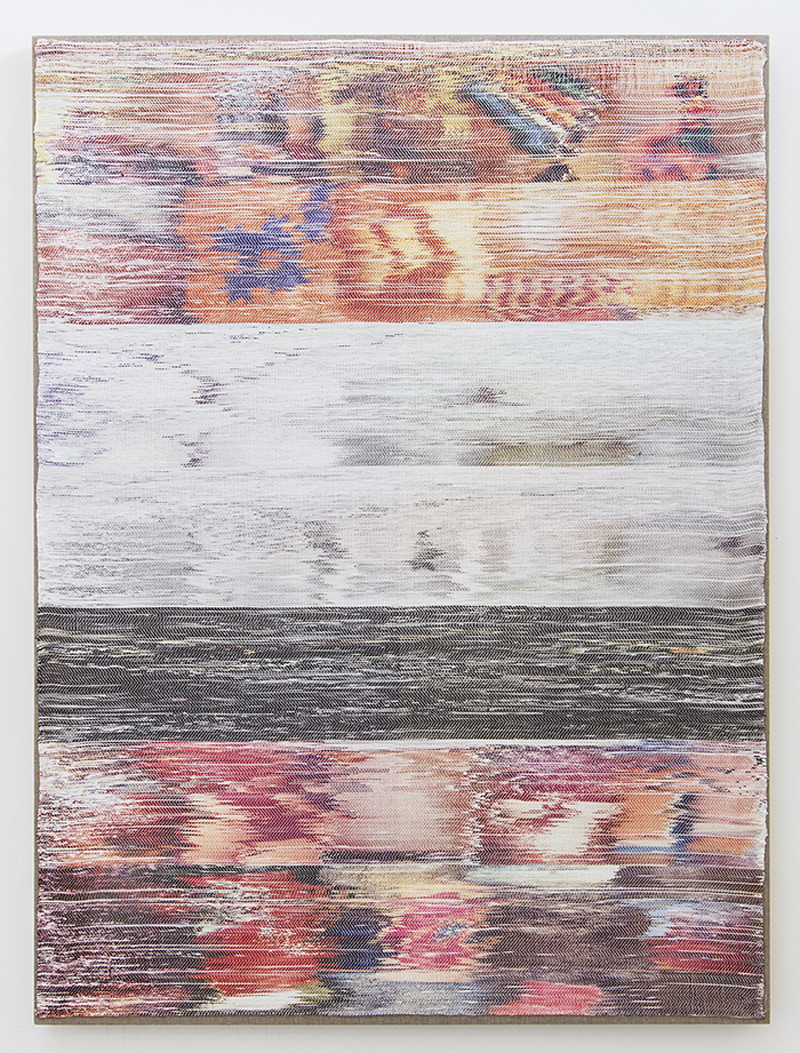 Margo Wolowiec - Orange, Black, Red on White, 2013, Handwoven polyester, cotton, dye sublimation ink.